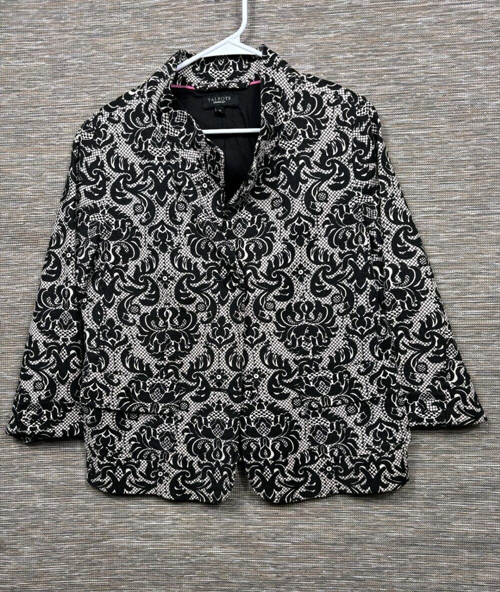 Talbots Blazer Jacket Womens 10 Black Off White Damask Paisley Print 3/4 Sleeve